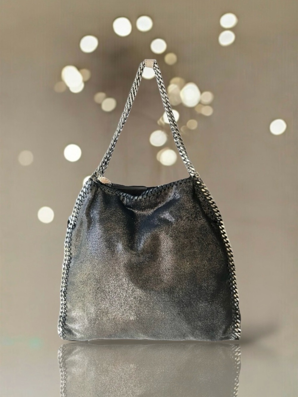 💞Stella McCartney Black Gold Shimmer Faux-Leather Farabella Shoulder Tote Bag